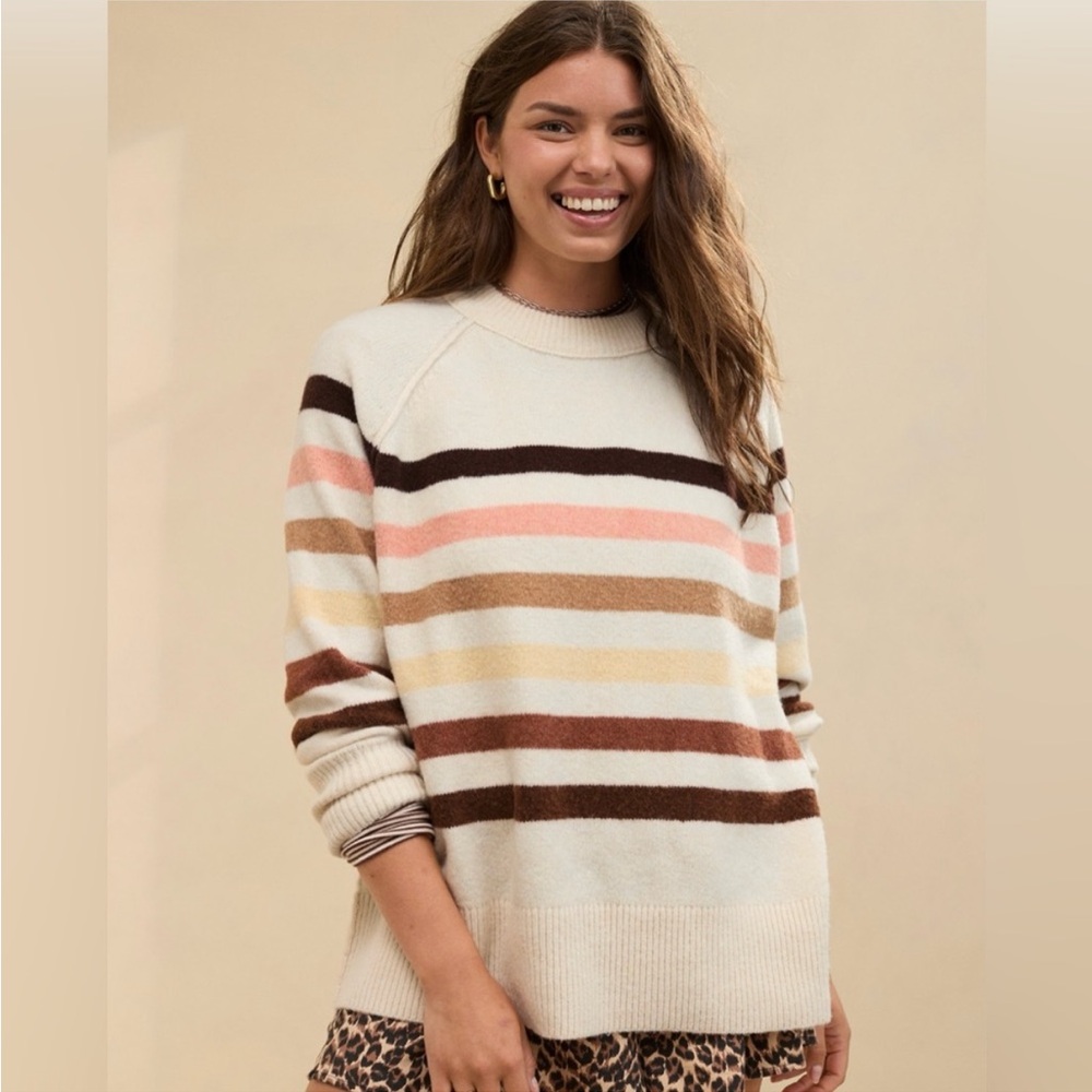 Aerie Unreal Crew Sweater - Cream, Pink, Brown